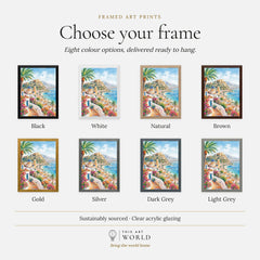 Costa Blanca Altea blue-domed church and coast watercolour art print, frame colour options for the framed print