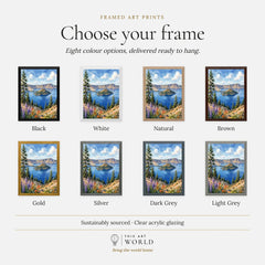 Crater Lake Wizard Island in the deep blue lake watercolour art print, frame colour options for the framed print