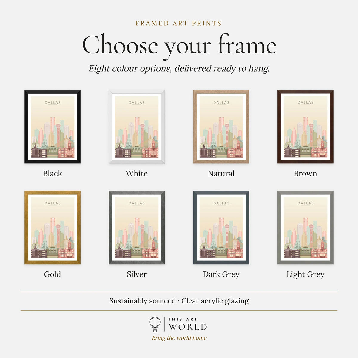 Dallas city skyline art print, frame colour options for the framed print