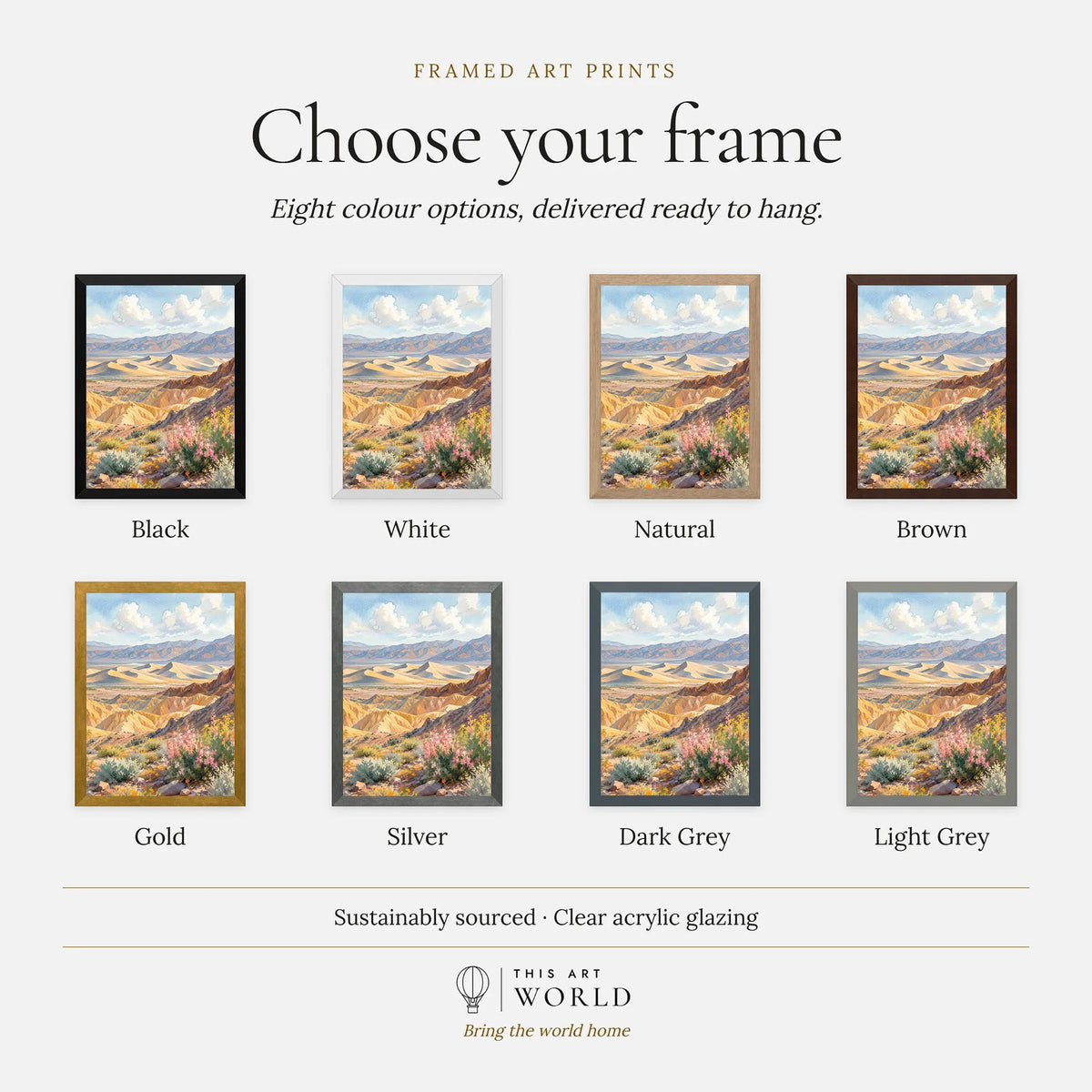 Death Valley National Park sand dunes and golden hills watercolour art print, frame colour options for the framed print