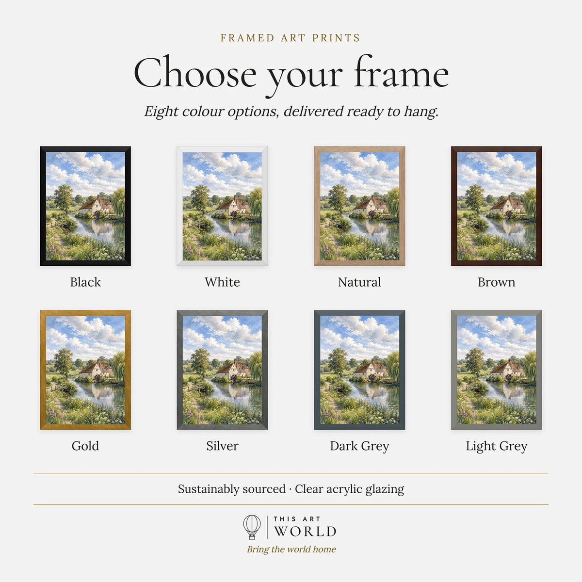 Dedham Vale watermill on the river watercolour art print, frame colour options for the framed print