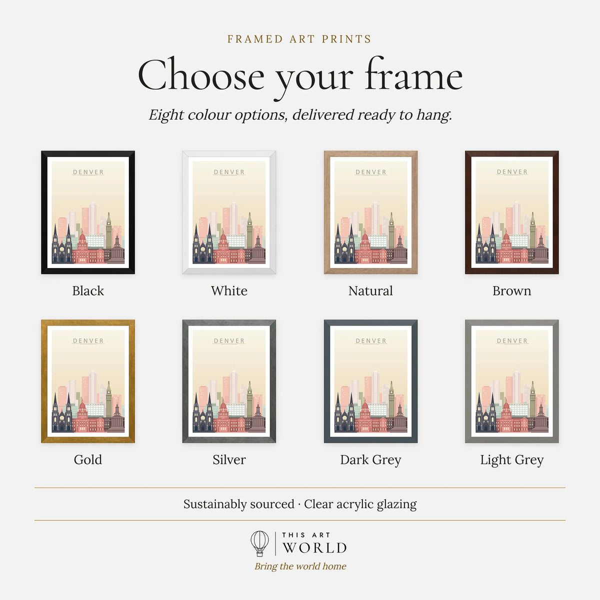 Denver city skyline art print, frame colour options for the framed print