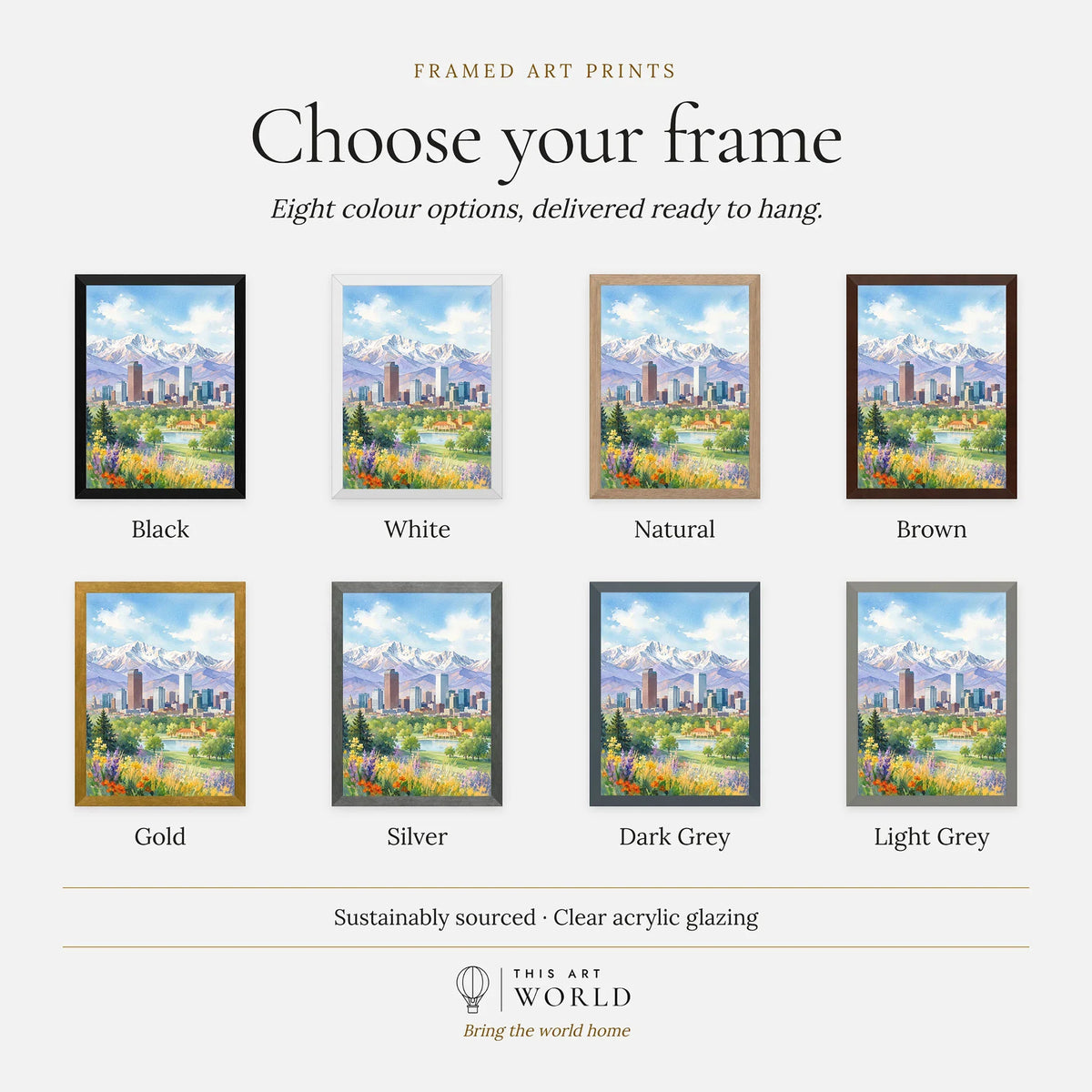 Denver skyline and Rocky Mountains watercolour art print, frame colour options for the framed print