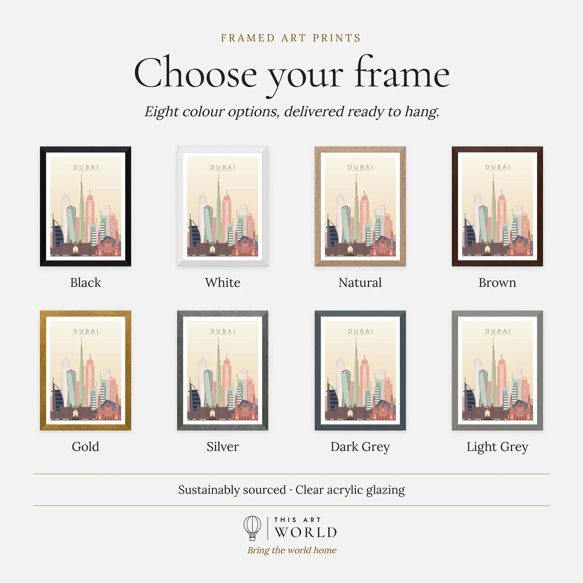 Dubai city skyline art print, frame colour options for the framed print