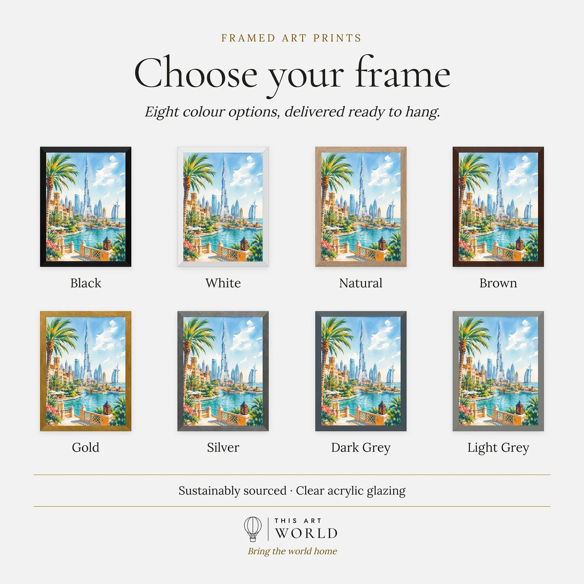Dubai Burj Khalifa skyline watercolour art print, frame colour options for the framed print
