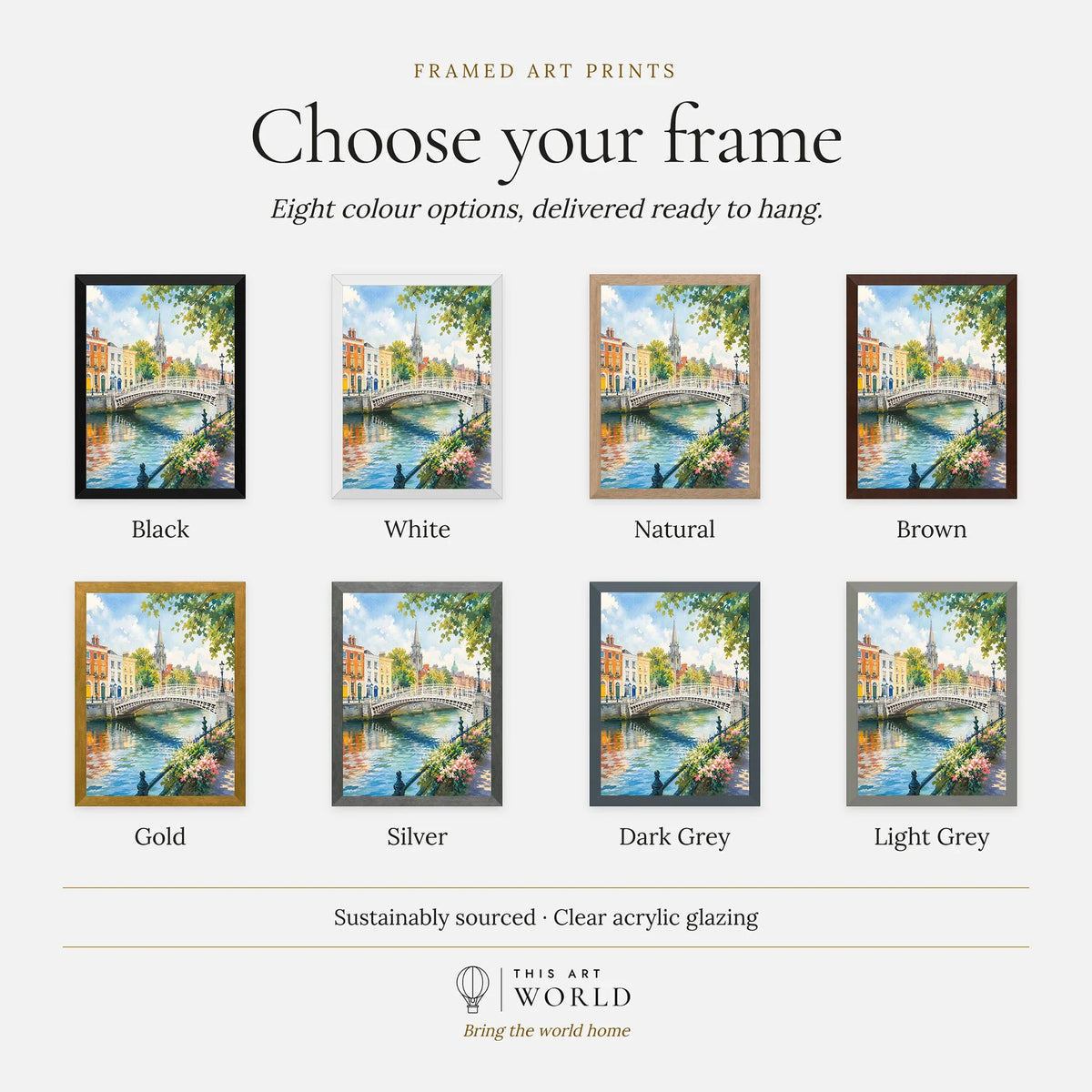 Dublin Ha'penny Bridge on the Liffey watercolour art print, frame colour options for the framed print