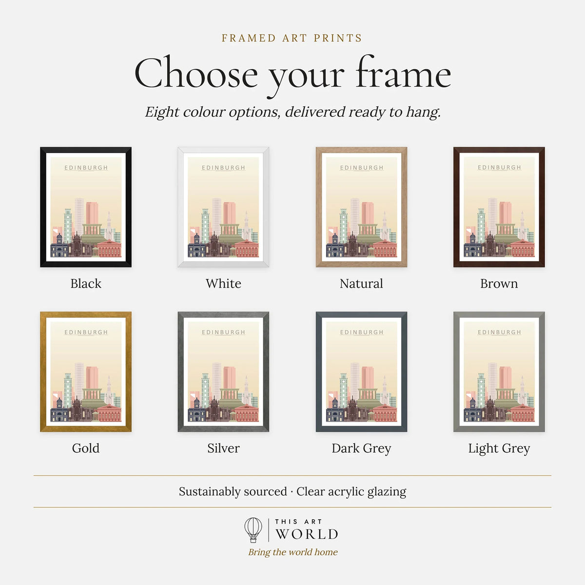 Edinburgh city skyline art print, frame colour options for the framed print