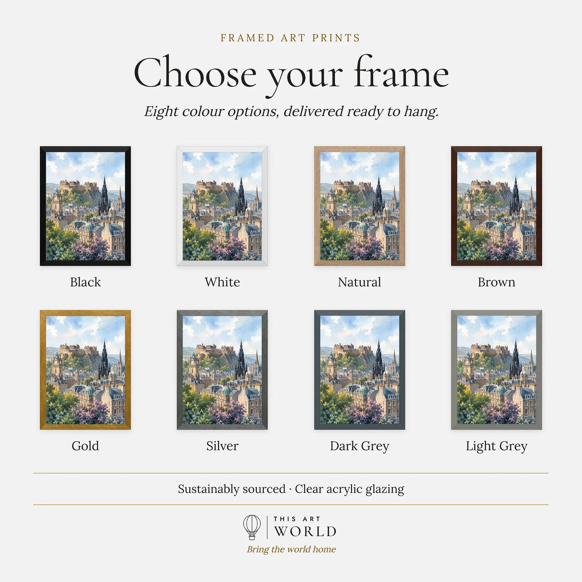 Edinburgh castle and Scott Monument watercolour art print, frame colour options for the framed print