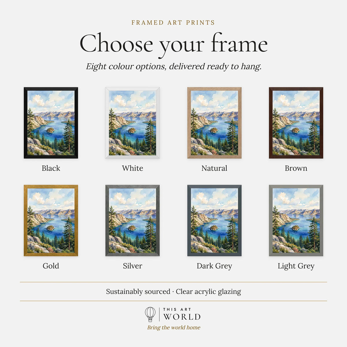 Emerald Bay State Park Fannette Island in Emerald Bay watercolour art print, frame colour options for the framed print