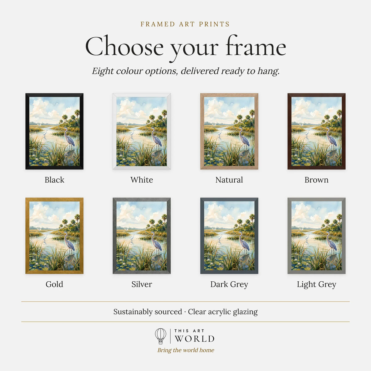 Everglades National Park herons in the wetlands watercolour art print, frame colour options for the framed print