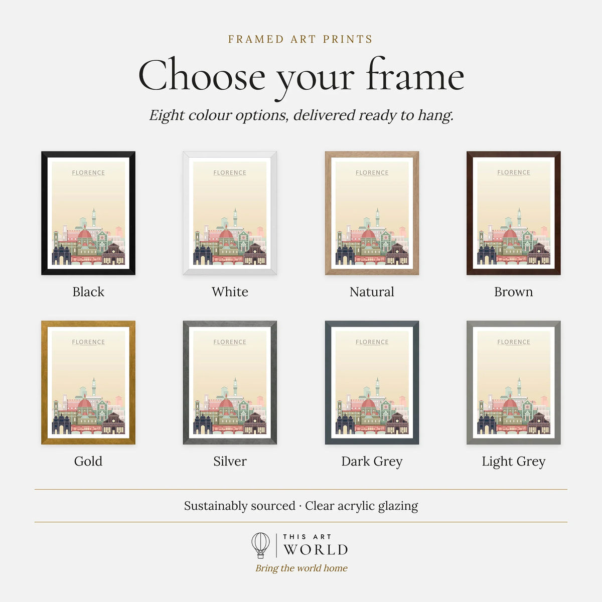 Florence city skyline art print, frame colour options for the framed print