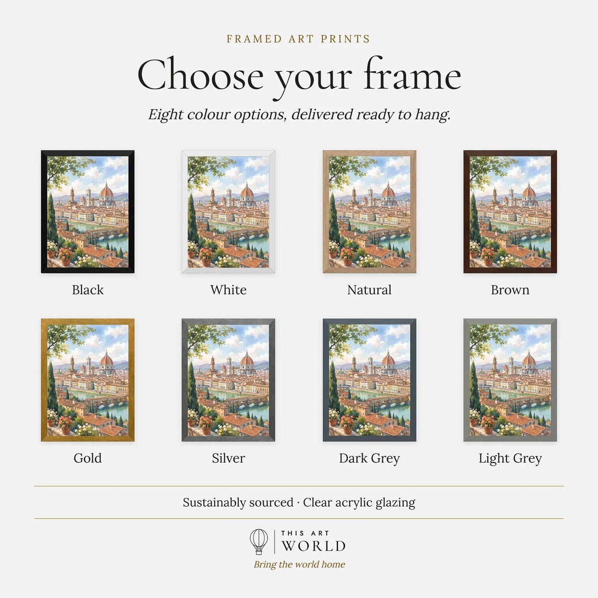 Florence Duomo and Ponte Vecchio watercolour art print, frame colour options for the framed print