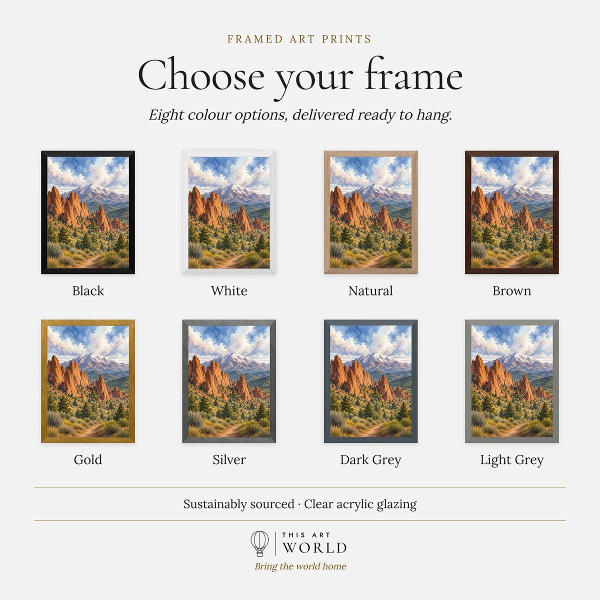 Garden of the Gods red rocks and Pikes Peak watercolour art print, frame colour options for the framed print