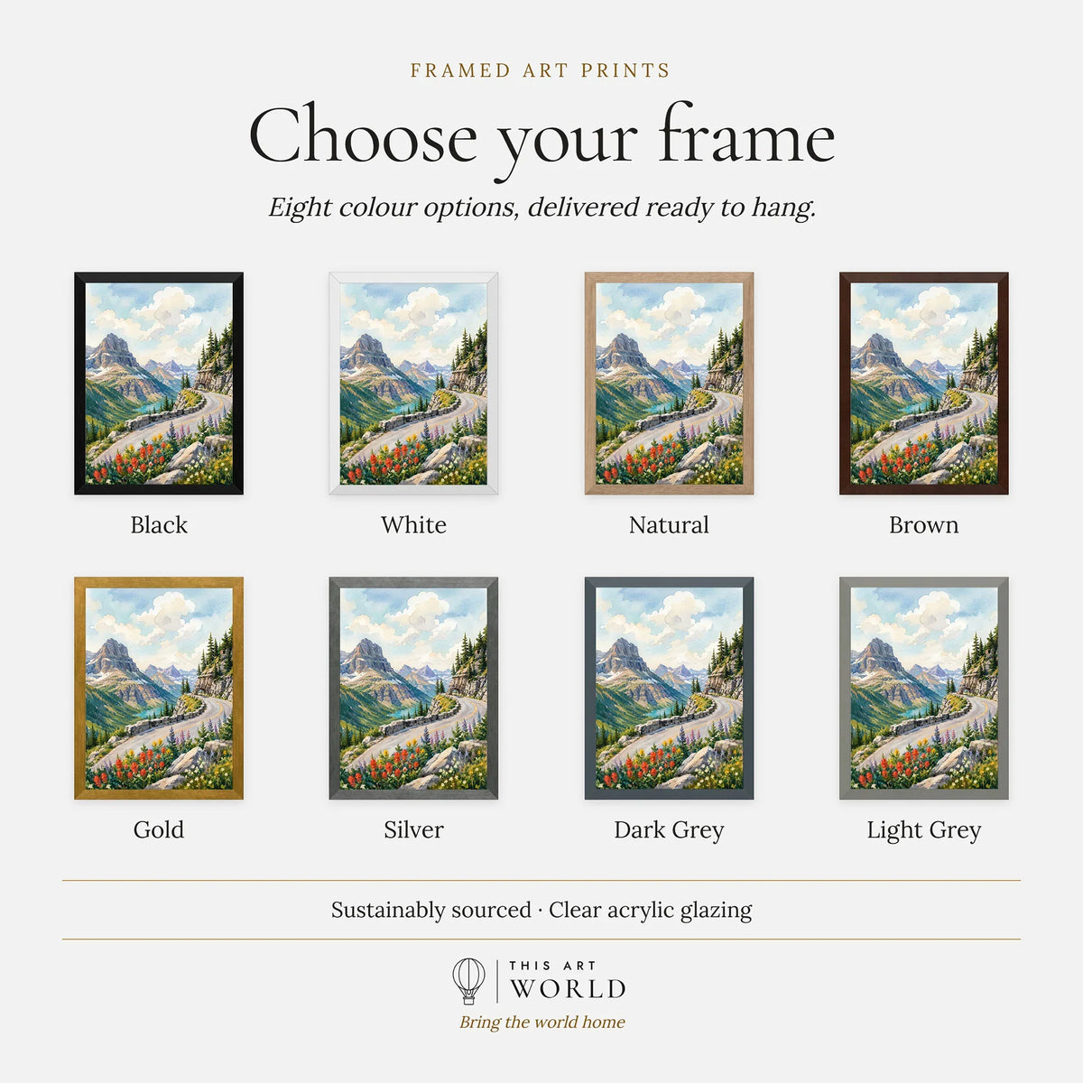Glacier National Park Going-to-the-Sun Road watercolour art print, frame colour options for the framed print
