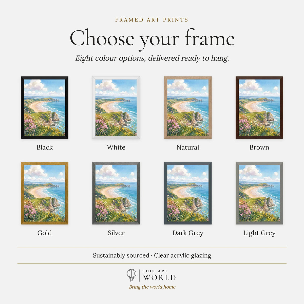 Gower sweeping bay and sea cliffs watercolour art print, frame colour options for the framed print