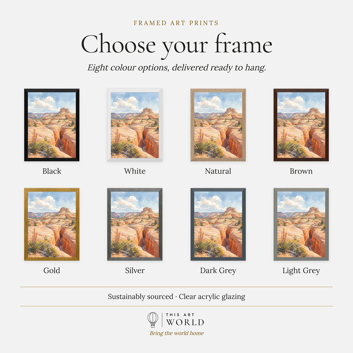 Grand Staircase-Escalante slot canyon and mesa watercolour art print, frame colour options for the framed print