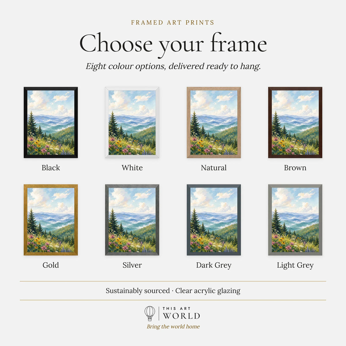 Great Smoky Mountains misty blue ridges watercolour art print, frame colour options for the framed print