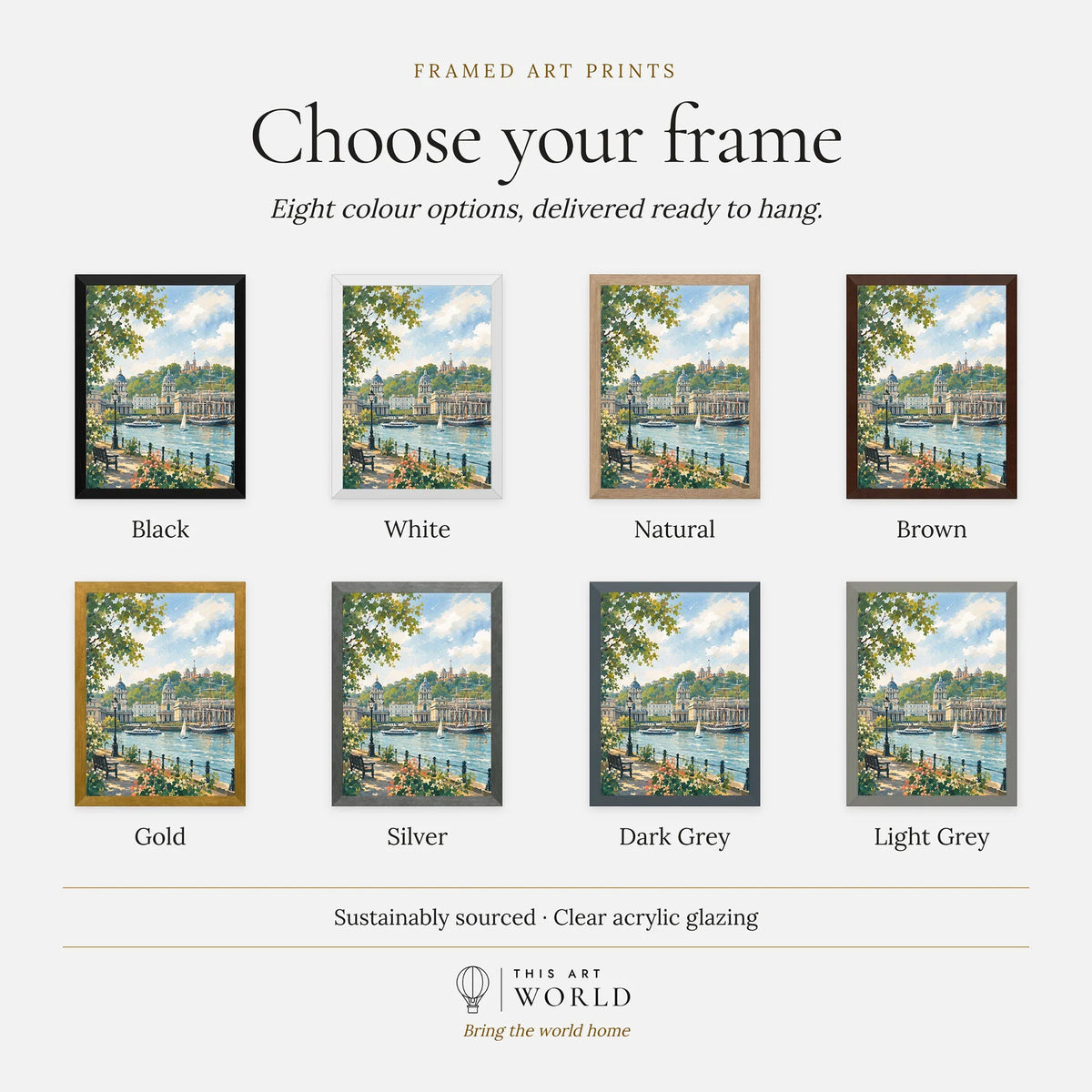Greenwich Old Royal Naval College and Thames watercolour art print, frame colour options for the framed print