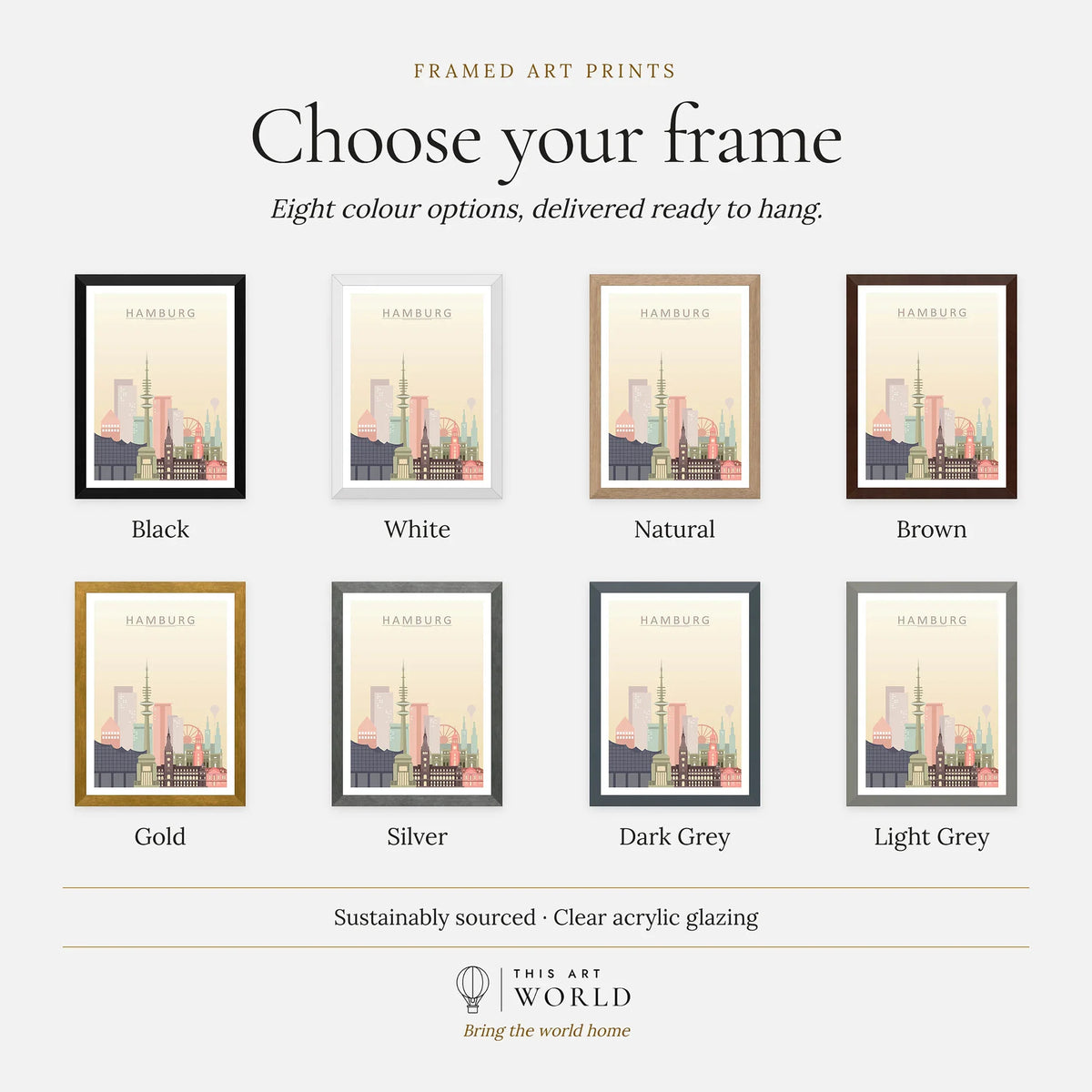 Hamburg city skyline art print, frame colour options for the framed print