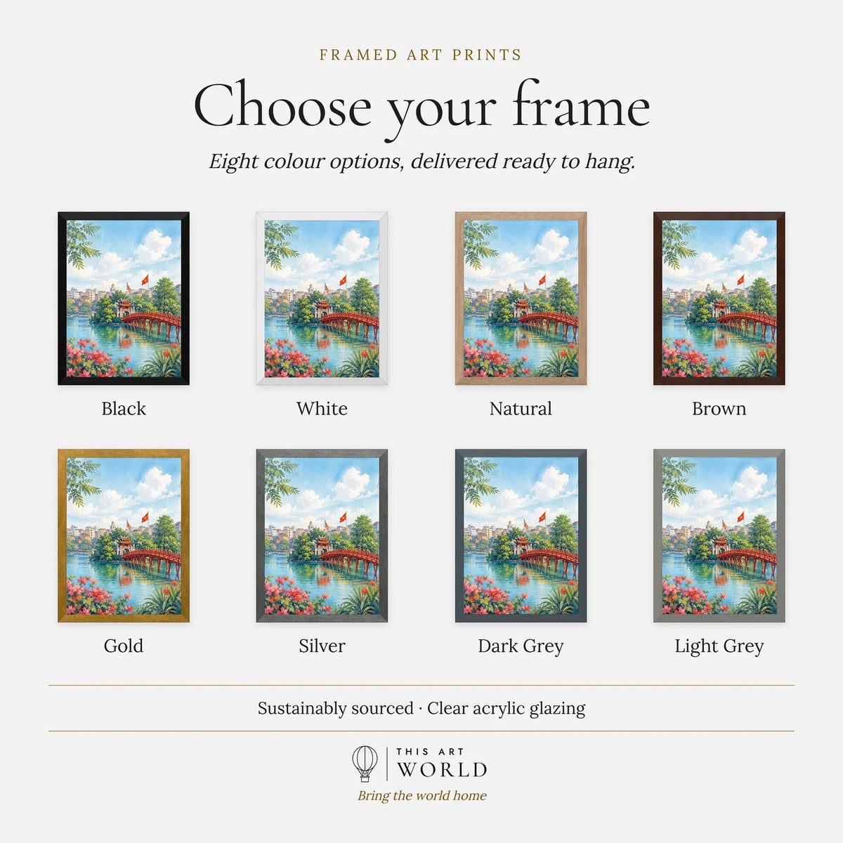 Hanoi red Huc Bridge on Hoan Kiem Lake watercolour art print, frame colour options for the framed print