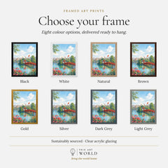 Hanoi red Huc Bridge on Hoan Kiem Lake watercolour art print, frame colour options for the framed print
