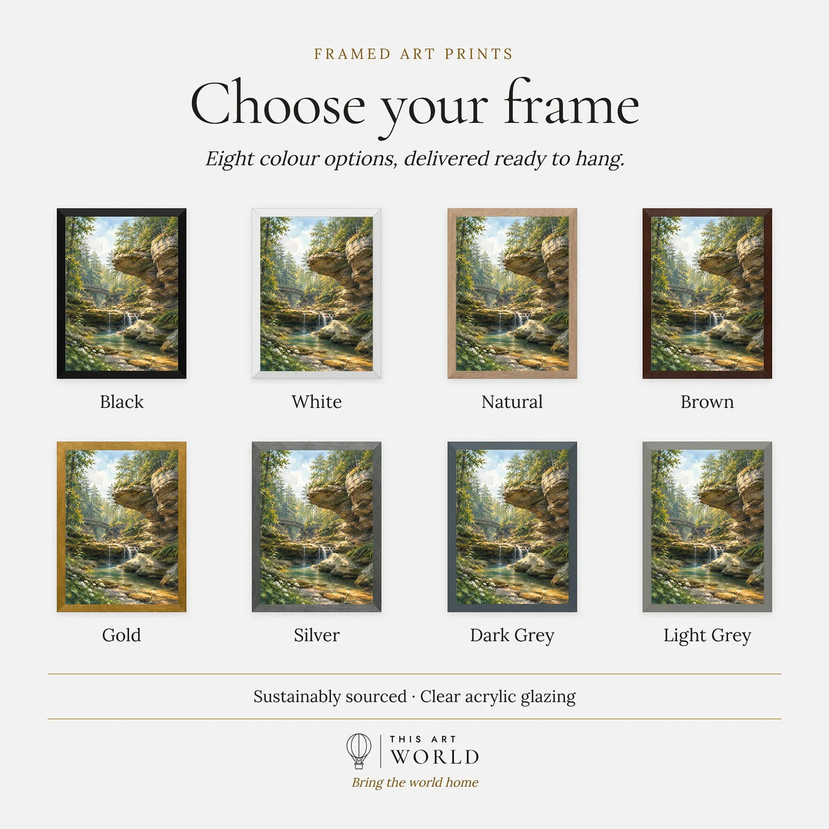 Hocking Hills State Park waterfall below sandstone cliffs watercolour art print, frame colour options for the framed print