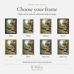 Hocking Hills State Park waterfall below sandstone cliffs watercolour art print, frame colour options for the framed print