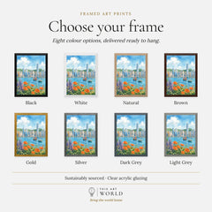 Hong Kong Victoria Harbour skyline with flowers watercolour art print, frame colour options for the framed print