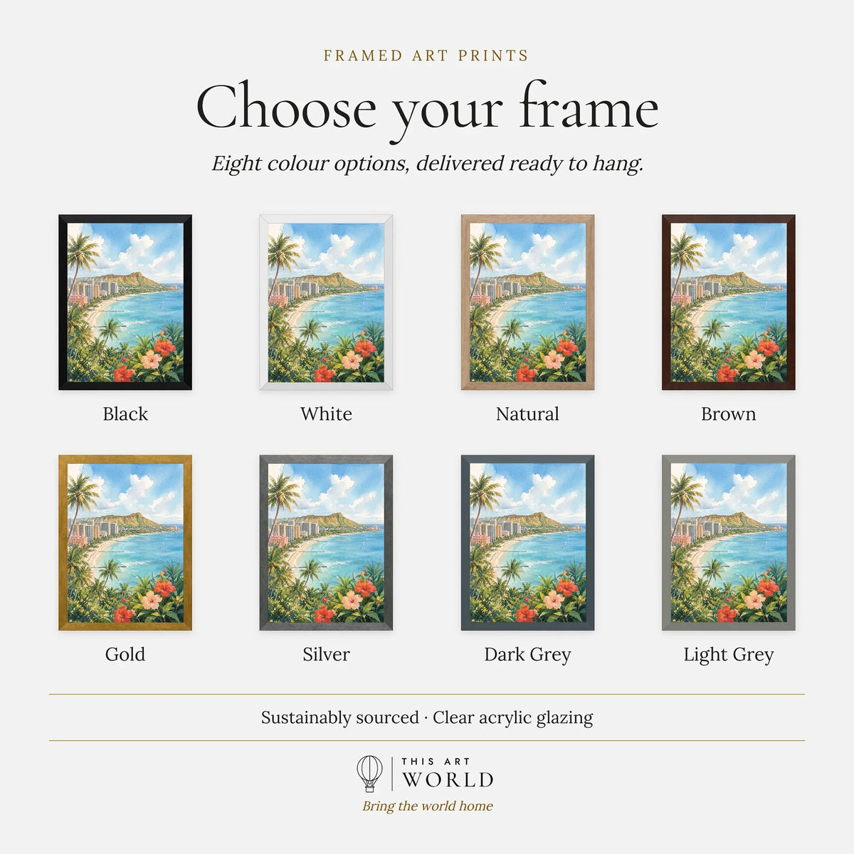 Honolulu Waikiki Beach and Diamond Head watercolour art print, frame colour options for the framed print