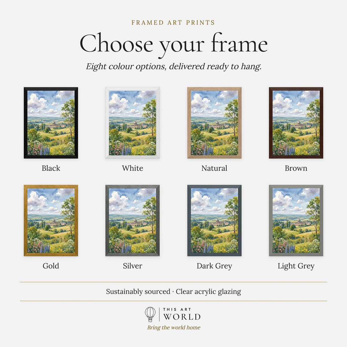 Howardian Hills Castle Howard parkland watercolour art print, frame colour options for the framed print