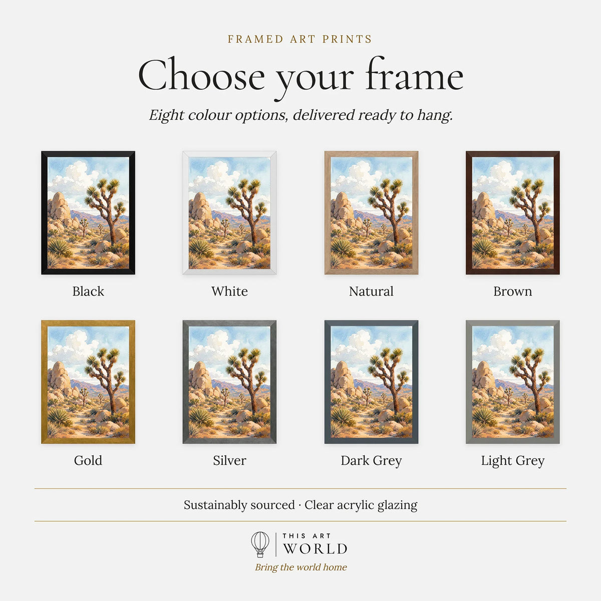 Joshua Tree National Park Joshua trees and granite boulders watercolour art print, frame colour options for the framed print