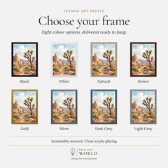 Joshua Tree National Park Joshua trees and granite boulders watercolour art print, frame colour options for the framed print