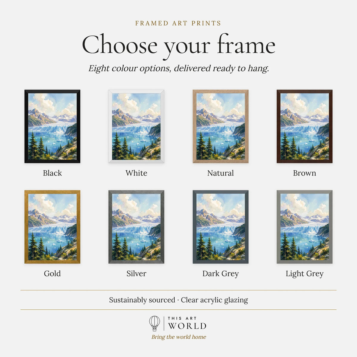 Kenai Fjords National Park tidewater glacier and fjord watercolour art print, frame colour options for the framed print