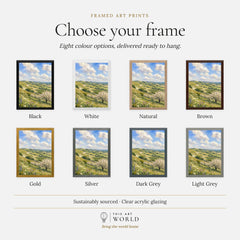 Kent Downs chalk downs and orchard blossom watercolour art print, frame colour options for the framed print