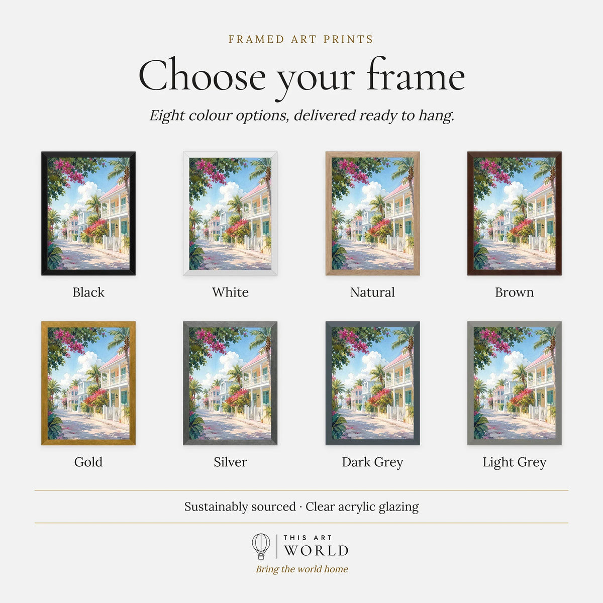 Key West pastel conch houses watercolour art print, frame colour options for the framed print
