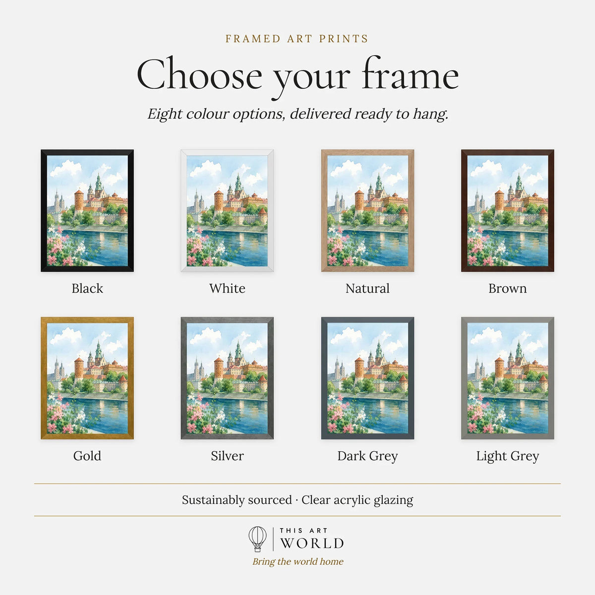 Kraków Wawel Castle on the Vistula watercolour art print, frame colour options for the framed print