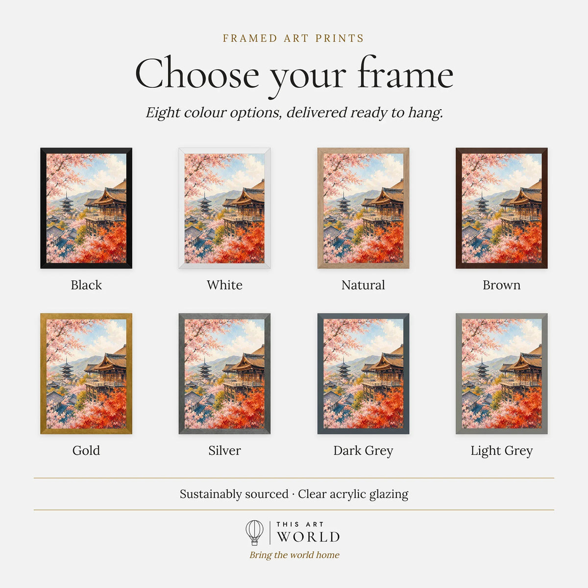 Kyoto Kiyomizu-dera temple and blossom watercolour art print, frame colour options for the framed print