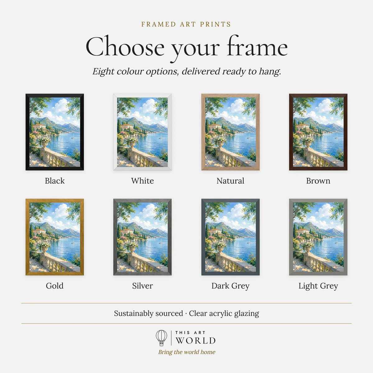 Lake Como lakeside villa and mountains watercolour art print, frame colour options for the framed print