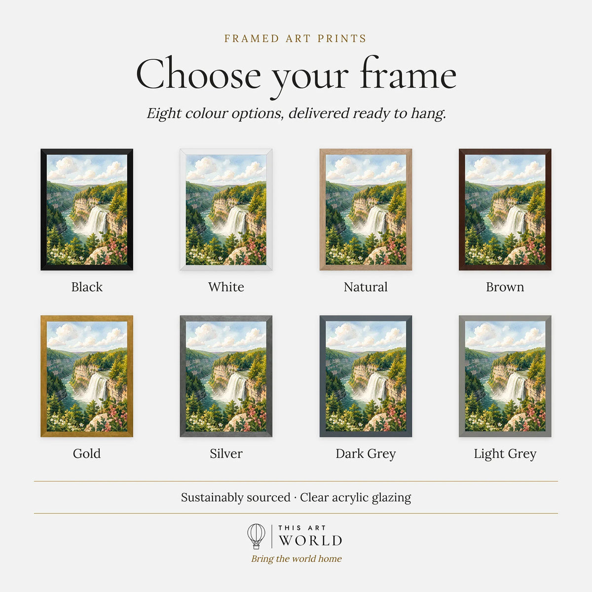 Letchworth State Park waterfall in the gorge watercolour art print, frame colour options for the framed print
