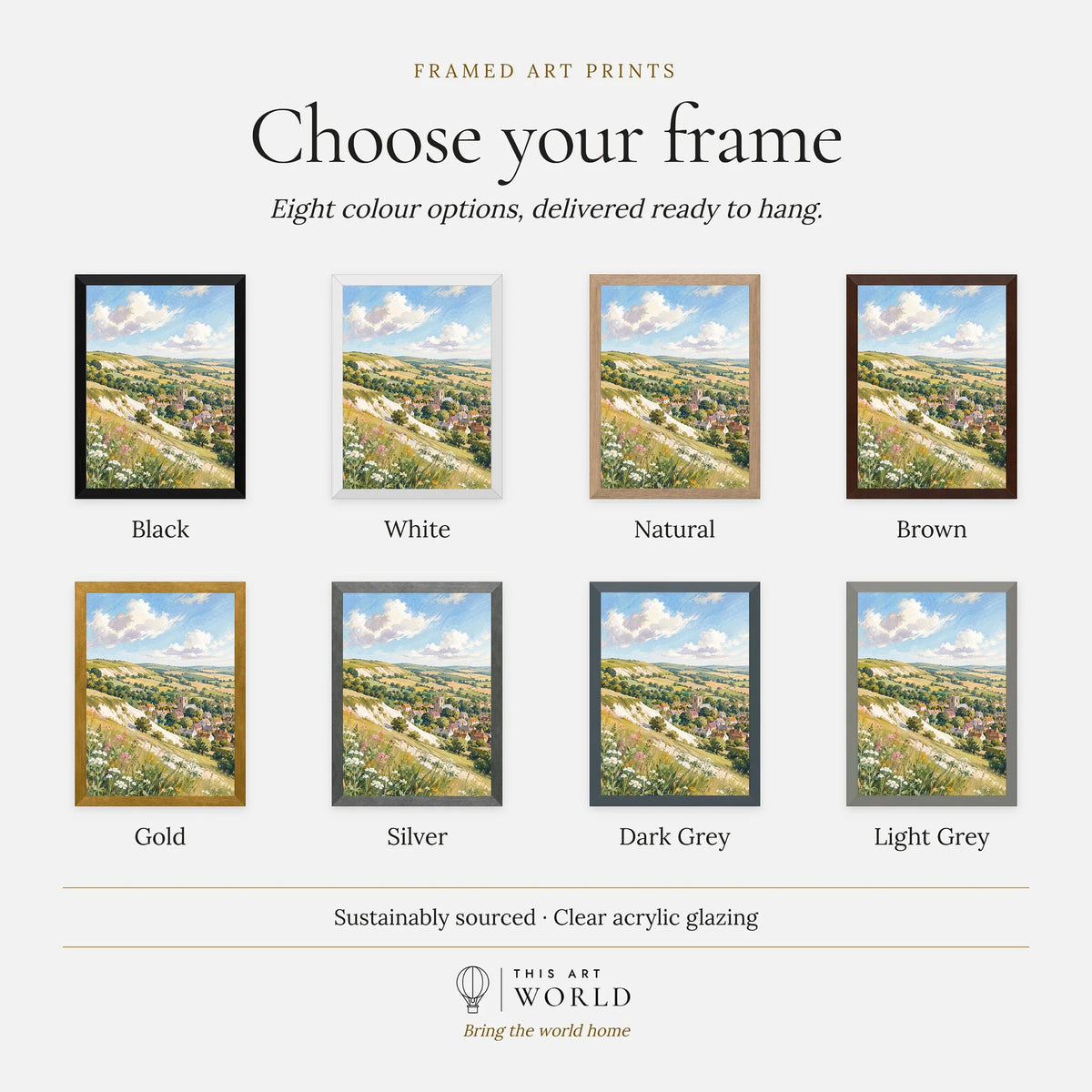 Lincolnshire Wolds hillside village and church watercolour art print, frame colour options for the framed print