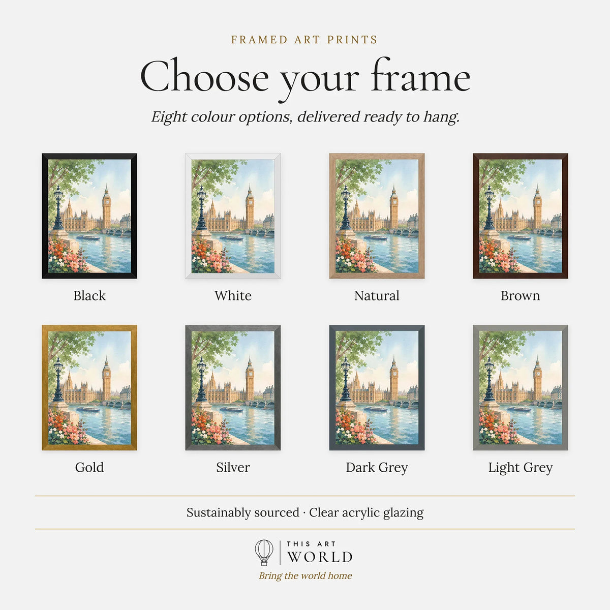 London Big Ben and Houses of Parliament watercolour art print, frame colour options for the framed print