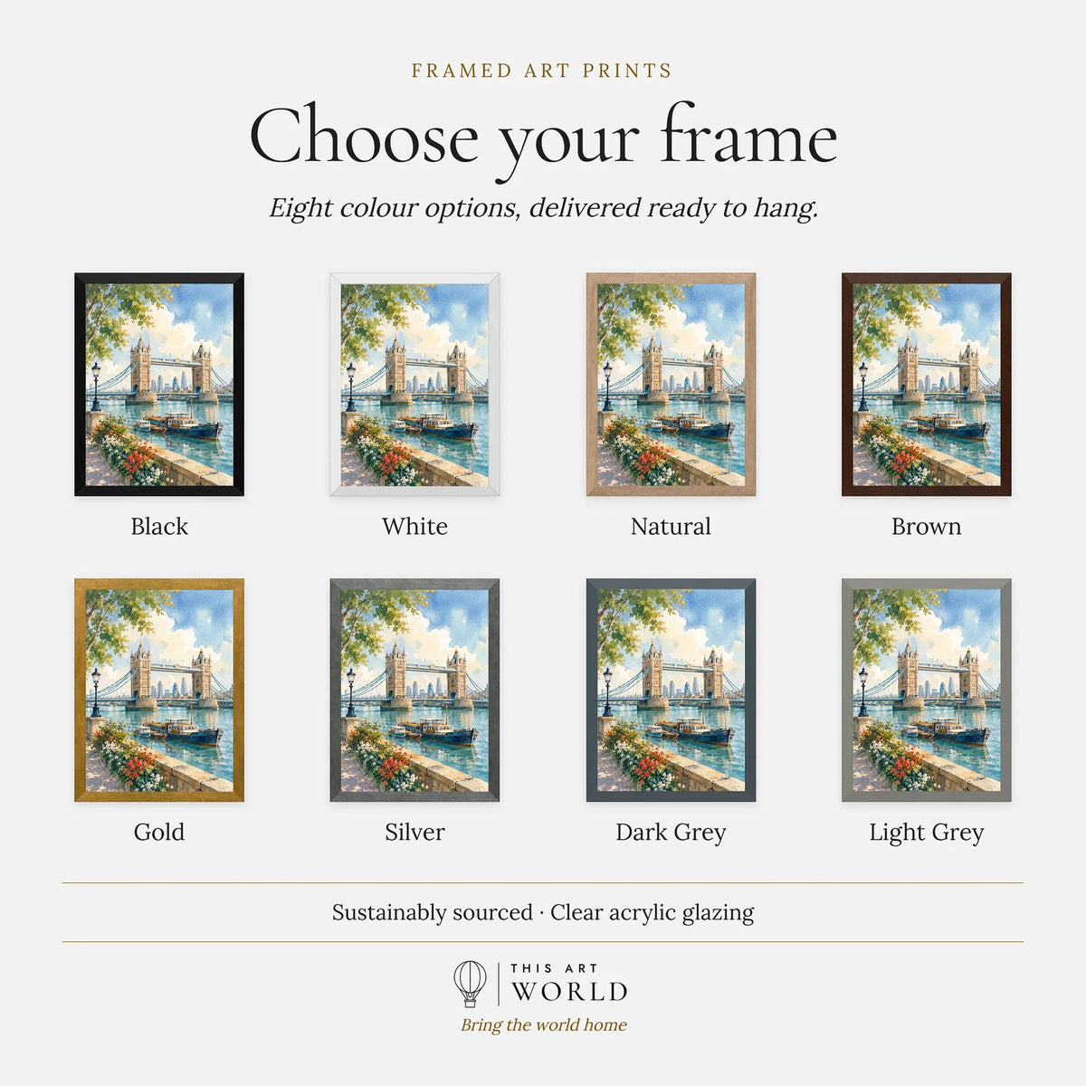 London Tower Bridge on the Thames watercolour art print, frame colour options for the framed print