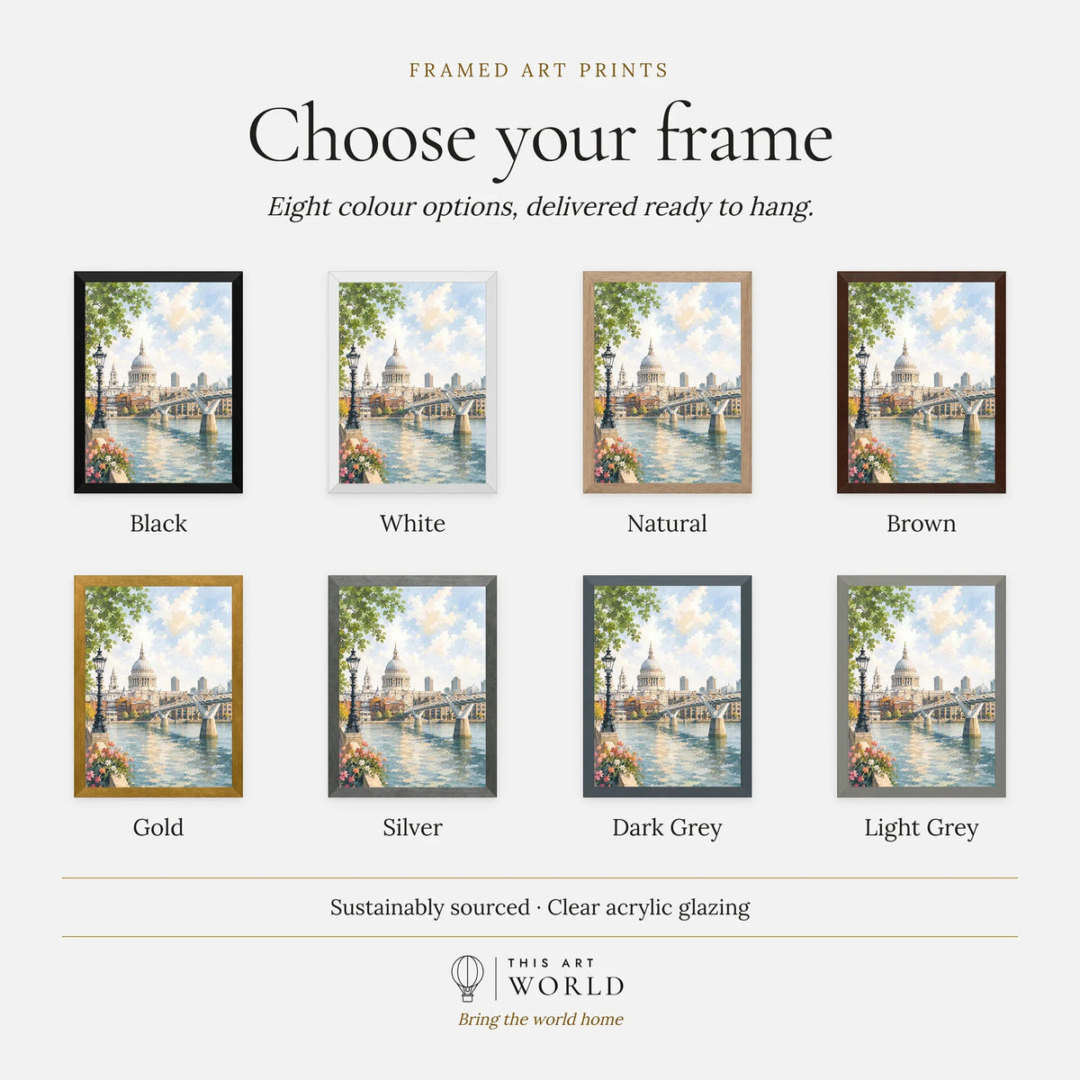 London St Paul's Cathedral and Millennium Bridge watercolour art print, frame colour options for the framed print