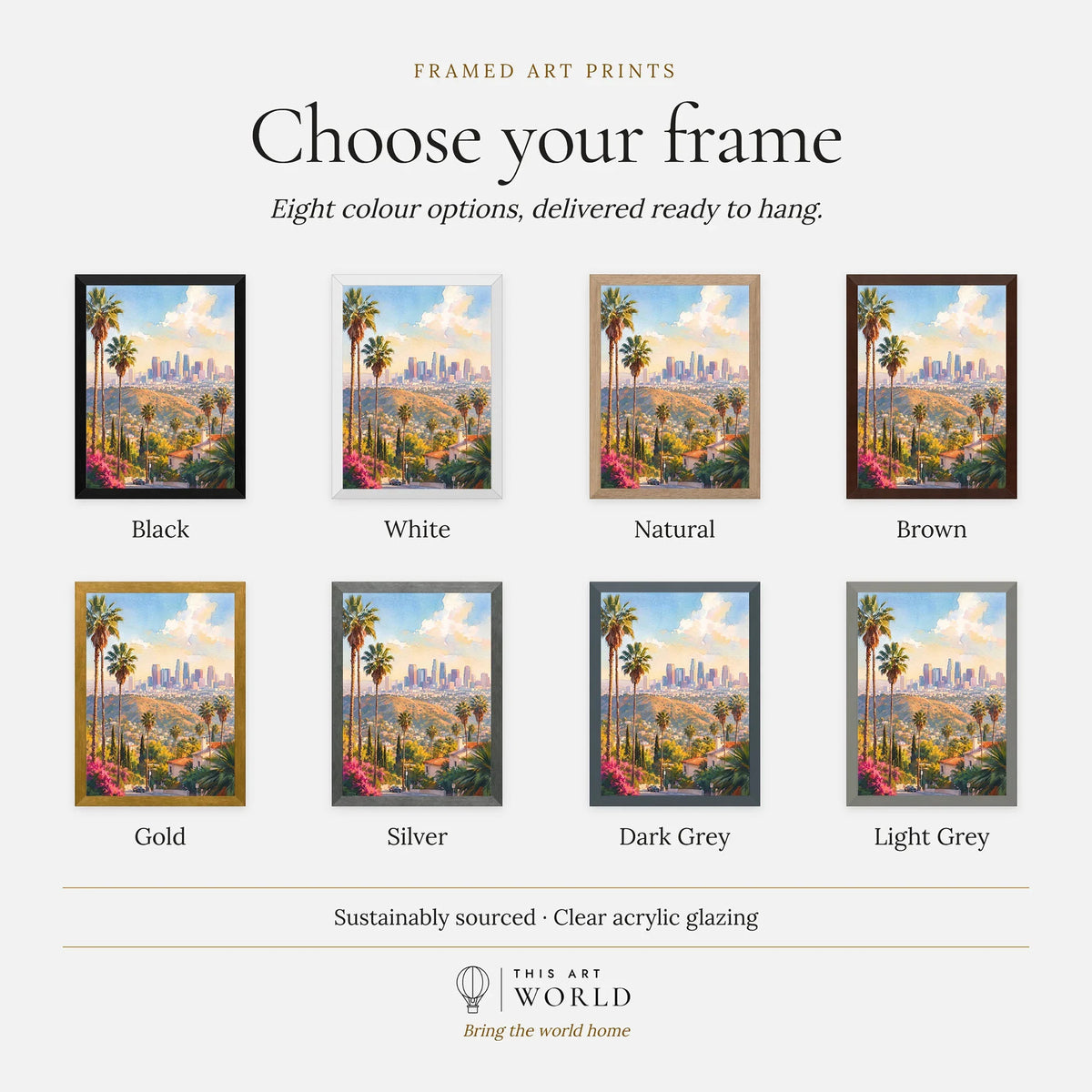 Los Angeles palm trees and downtown skyline watercolour art print, frame colour options for the framed print