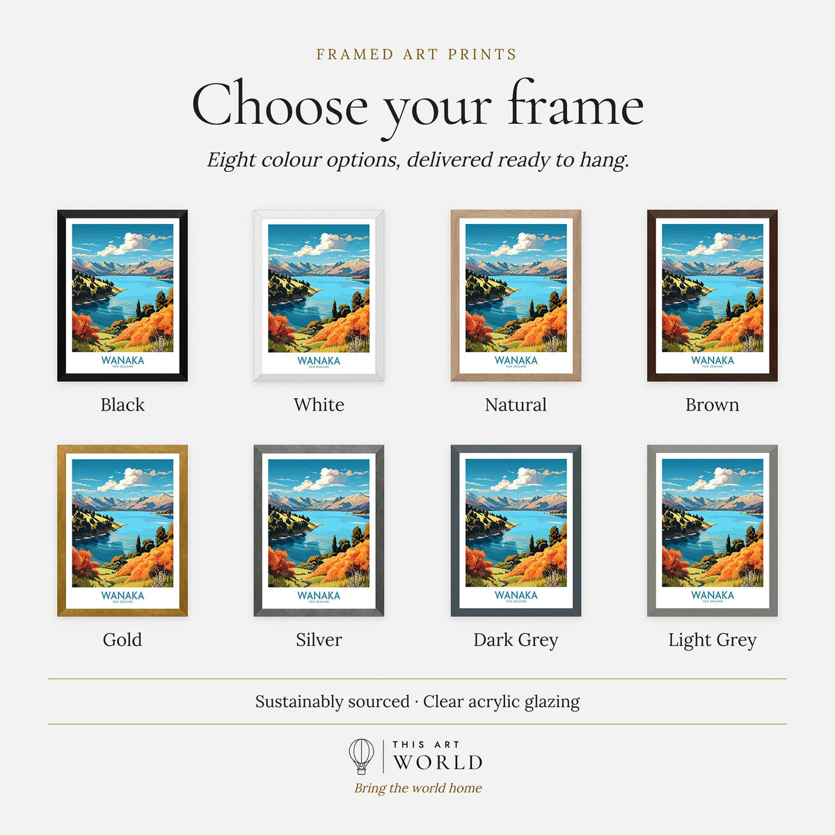 Wanaka Travel Poster New Zealand - framed print frame colour options