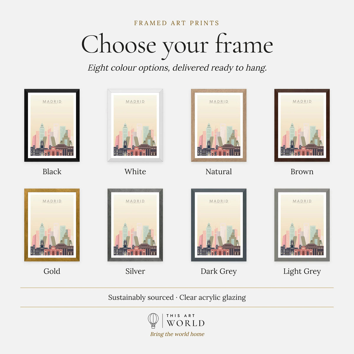 Madrid city skyline art print, frame colour options for the framed print