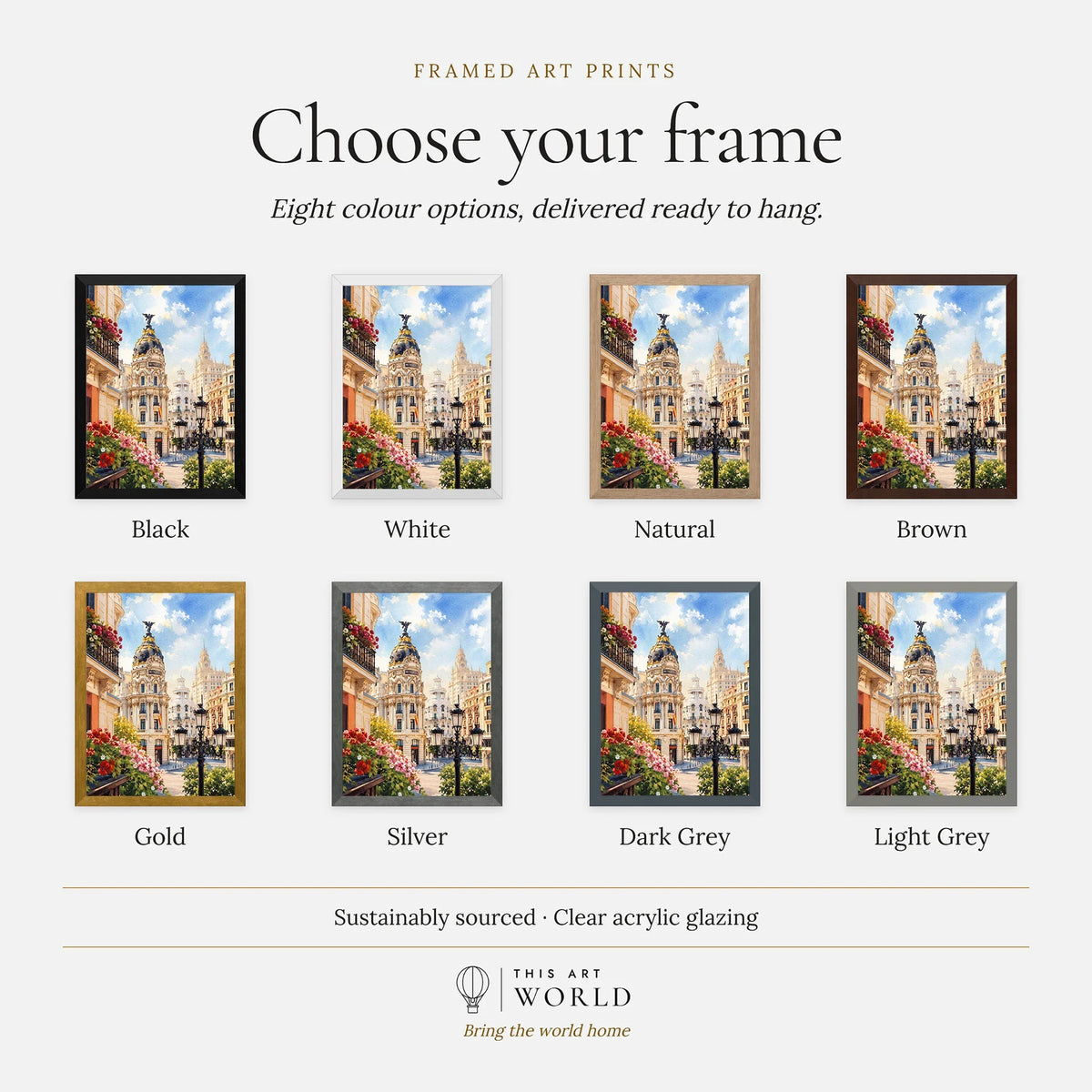 Madrid Metropolis building on Gran Vía watercolour art print, frame colour options for the framed print