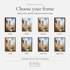 Madrid Metropolis building on Gran Vía watercolour art print, frame colour options for the framed print