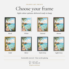 Maldives overwater villas and lagoon watercolour art print, frame colour options for the framed print