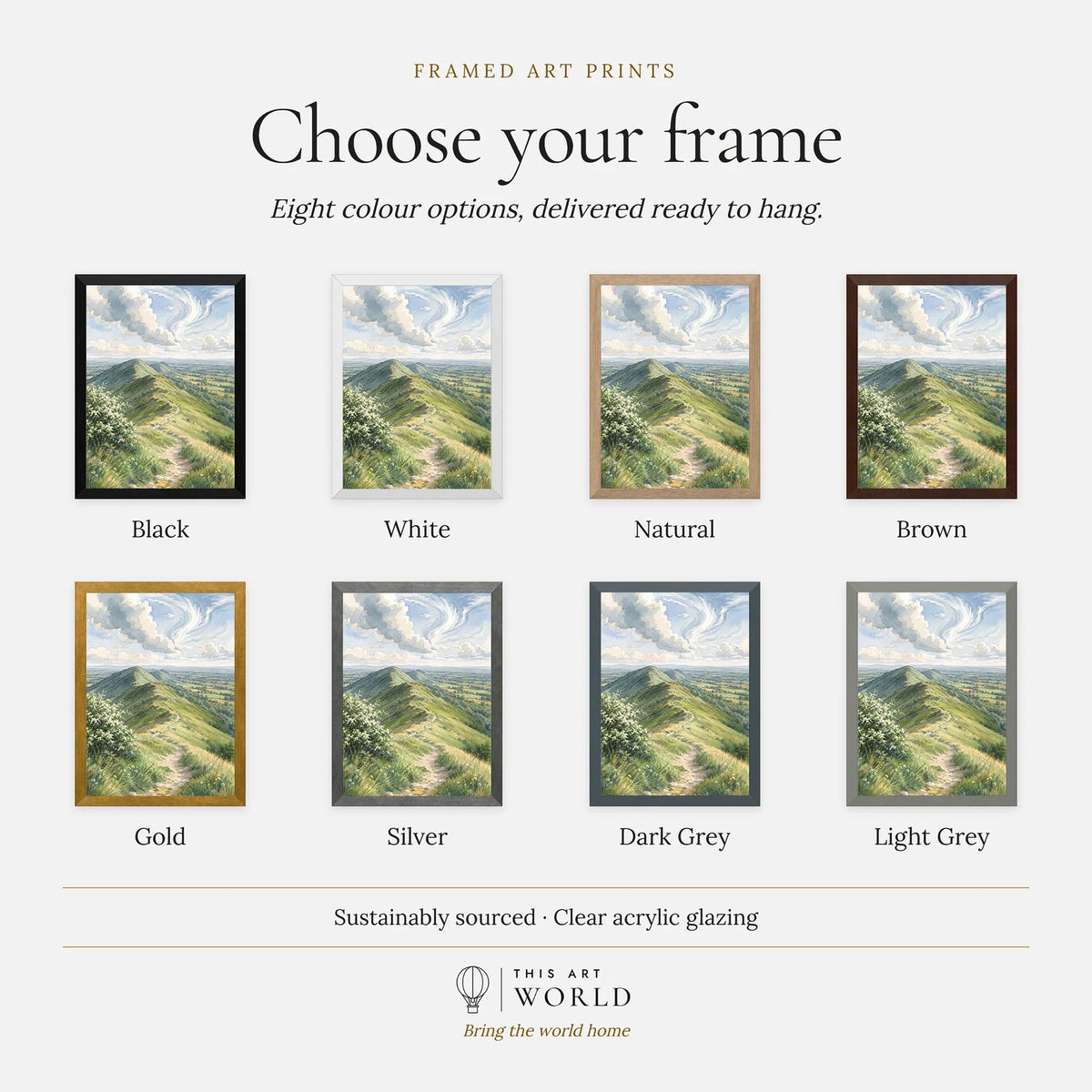 Malvern Hills ridge path watercolour art print, frame colour options for the framed print